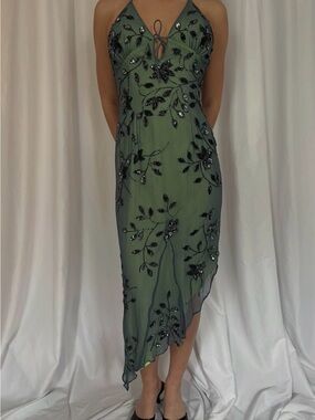 Cache Olive Green Asymmetrical Beaded Halter Dress